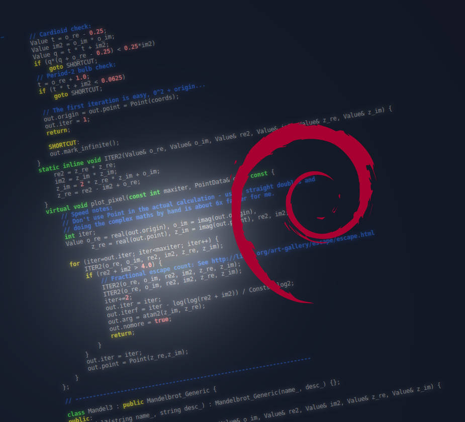 Source code on a dark screen, overlaid with the Debian logo